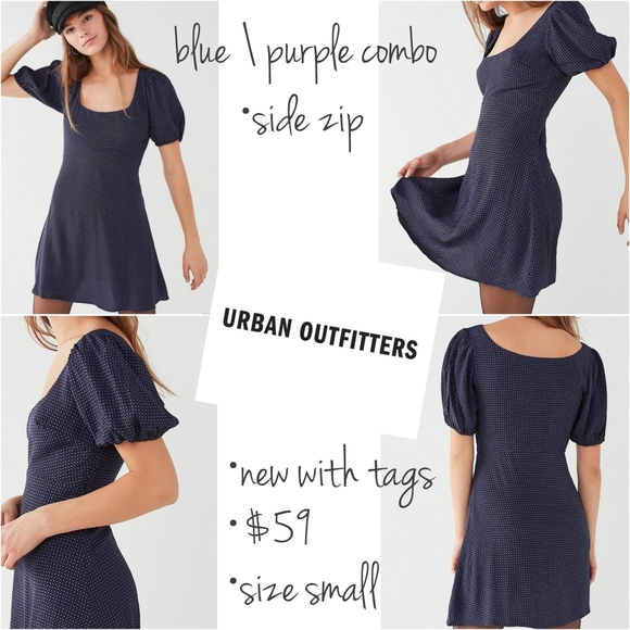 NWT • Urban Outfitters • Ditzy Y2k VSCO Navy Blue Puff Mini Dress Flowy Small - Picture 4 of 5